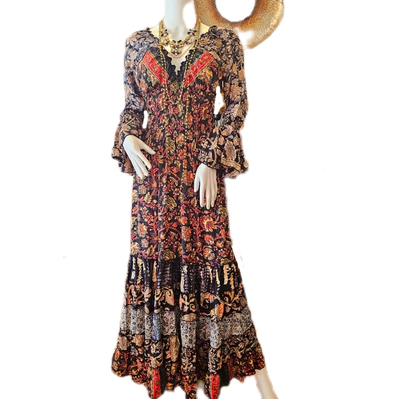 KARMA Hwy Gilded Tiered Ruffle Hem Lg. Dress Red Grn OS NWT - Picture 12 of 15